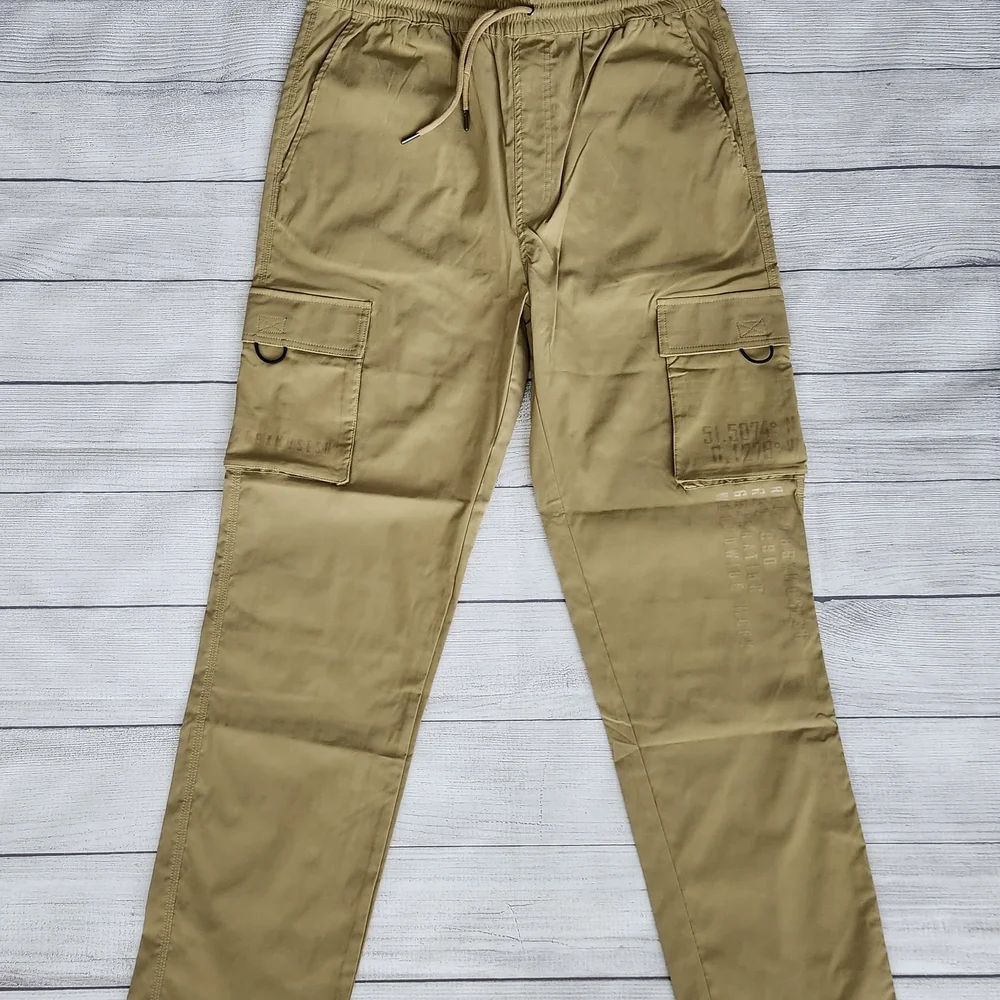 Men's Tan Cargo Pants Tapered Fit And Elastic Waitband - Picture 4 of 15